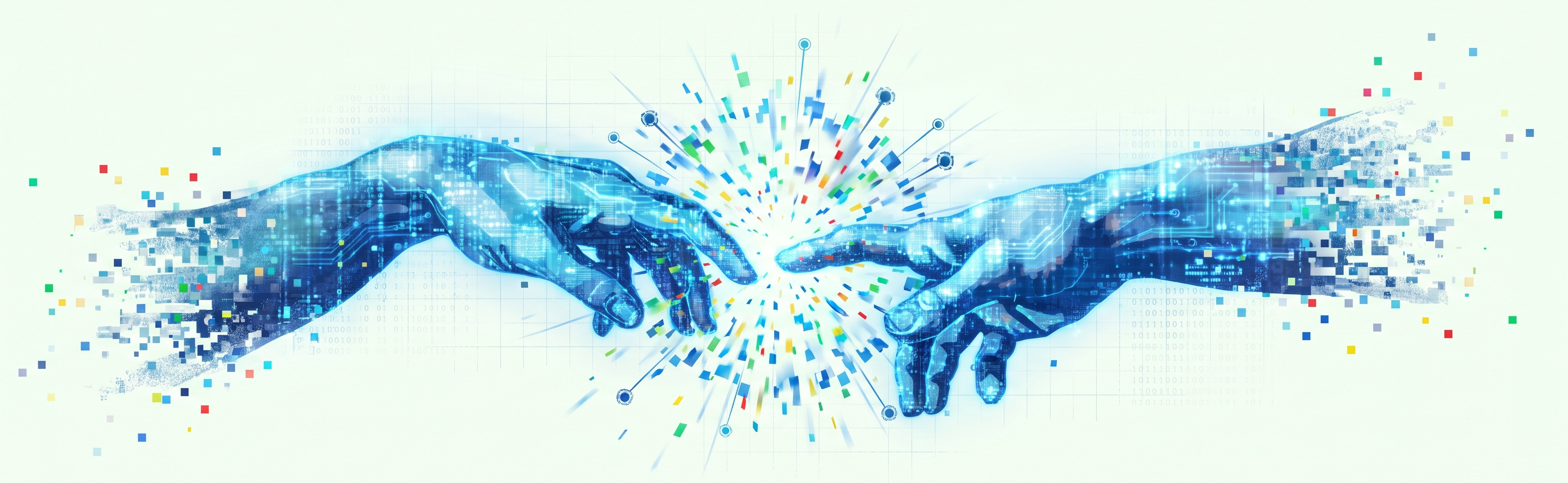 Two digitalized hands, rendered as circuit-mapped agent forms, reaching toward each other with a burst of colored data fragments at the point of contact.